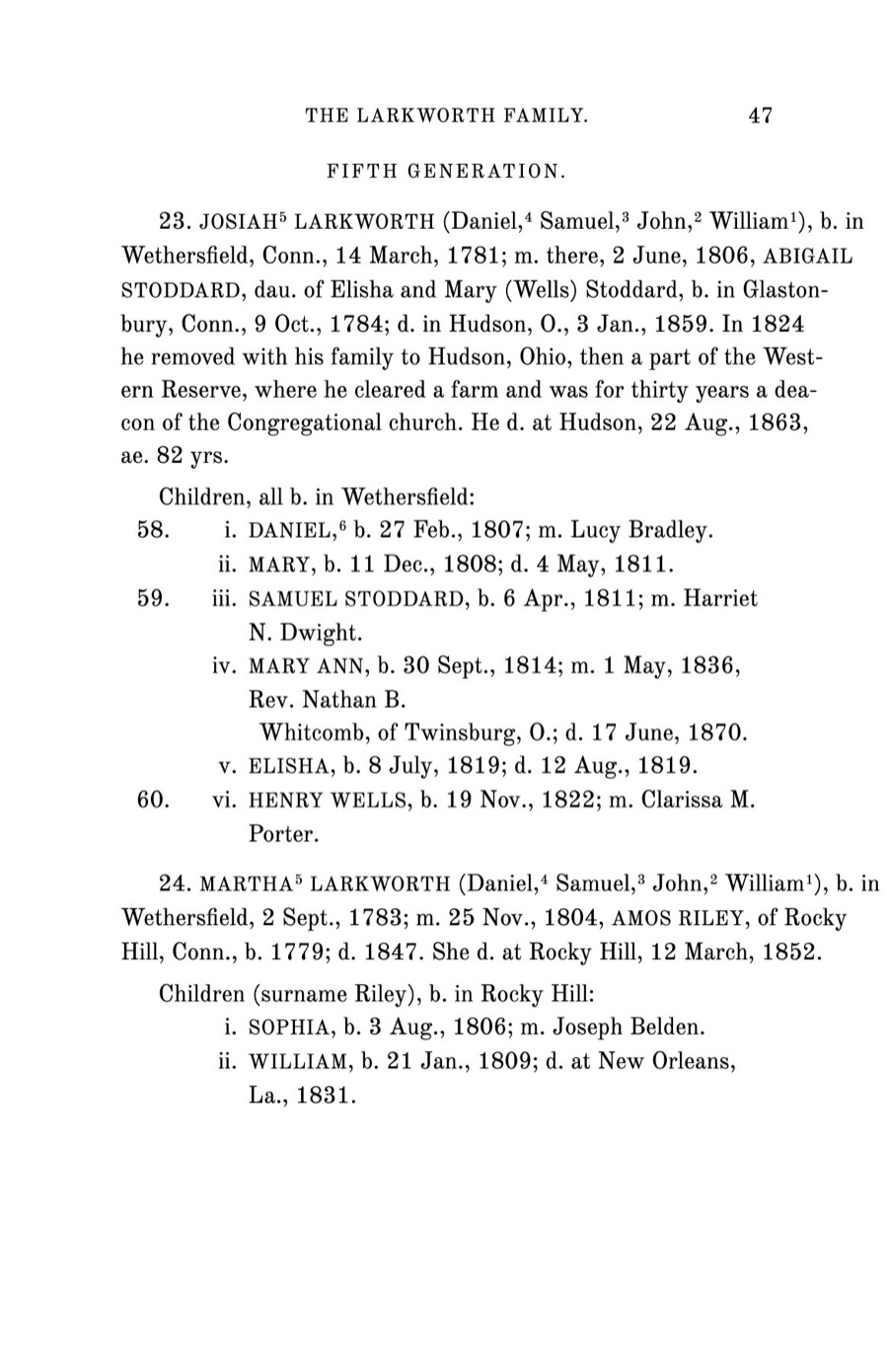 A scanned page from a sample book: the entry for Josiah Larkworth, his wife Abigail Stoddard and their children.